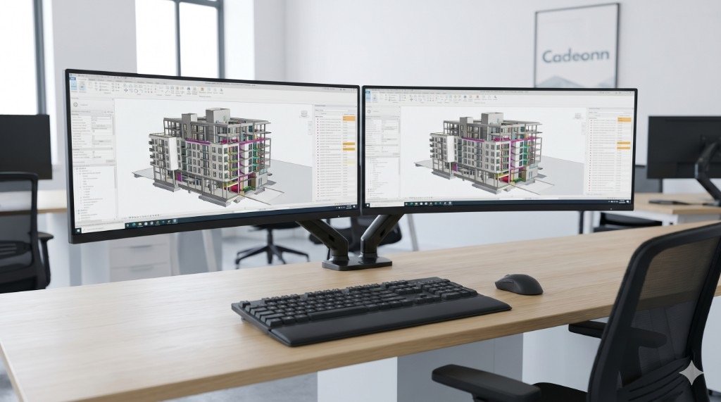 Cadeonn production studio with dual monitors showing a federated BIM model