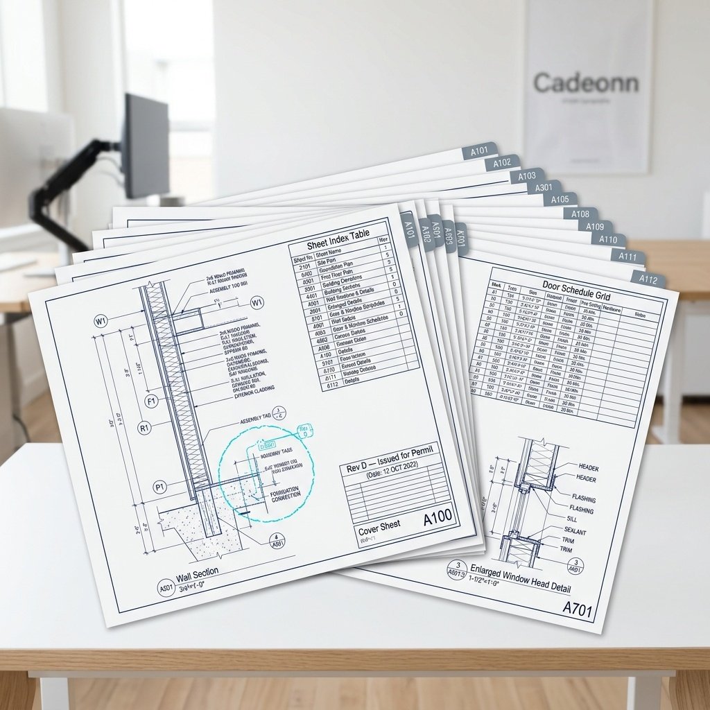 Construction document sheet with dimensioned drawings$