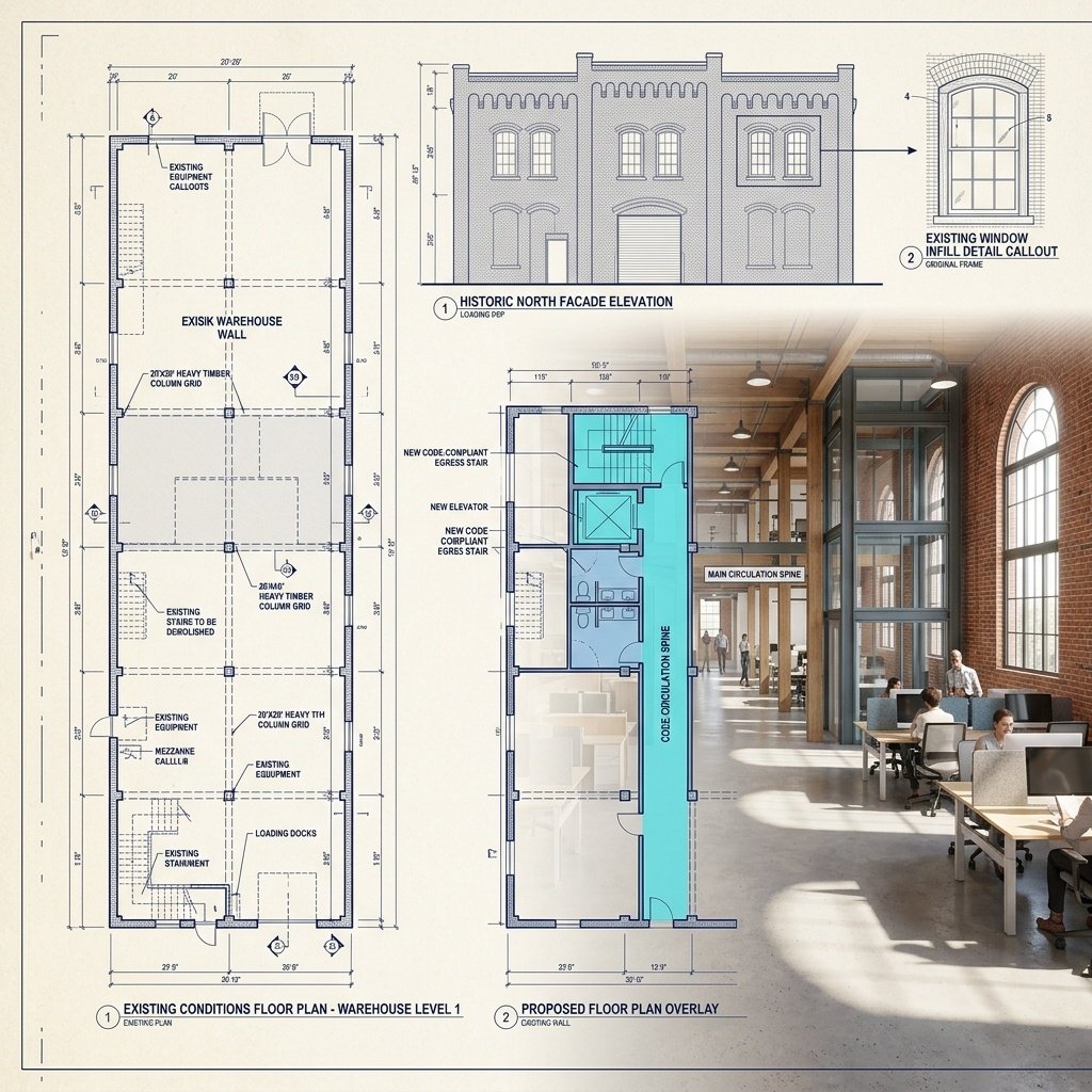 Existing-conditions drawings overlaid with proposed adaptive reuse modifications and code notes