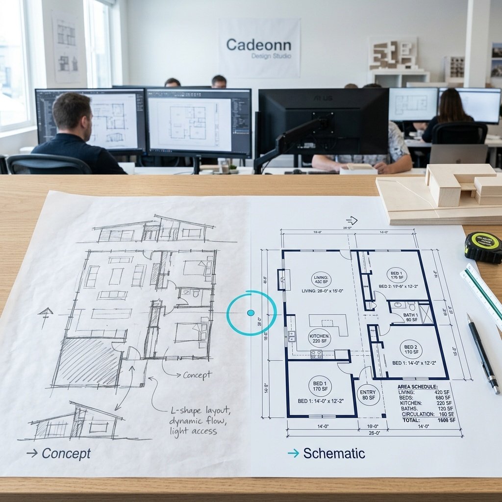 A loose concept sketch beside an early scaled schematic floor plan on a design desk