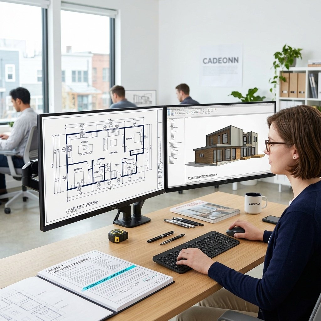Annotated residential floor plan with dimension chains and material callouts
