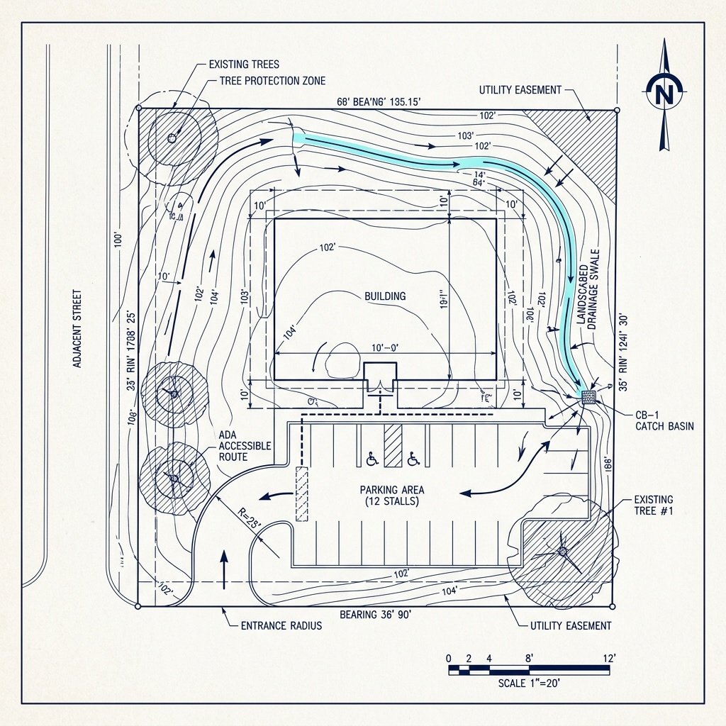 Aerial view of a residence integrated with graded landscape, driveway, and managed drainage swales