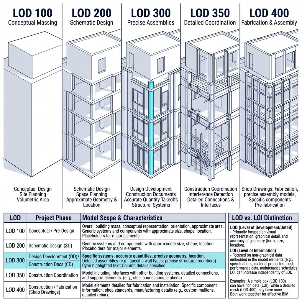 BIM model element shown progressing from conceptual mass to fabrication-ready detail