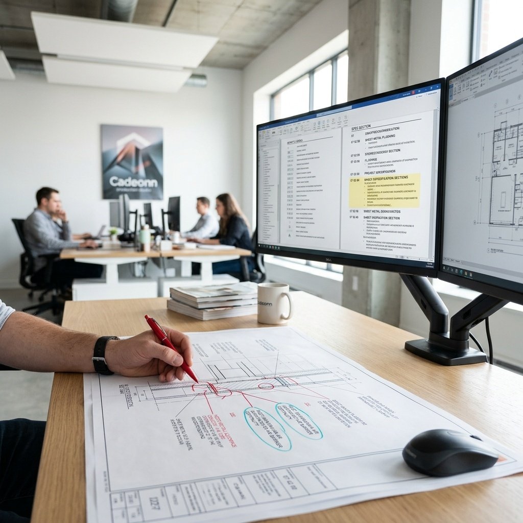 Architect reviewing construction documents with redline markup on plan sheets
