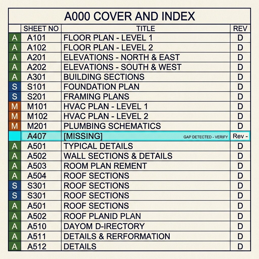 Designer reviewing a sheet index against the assembled drawing set