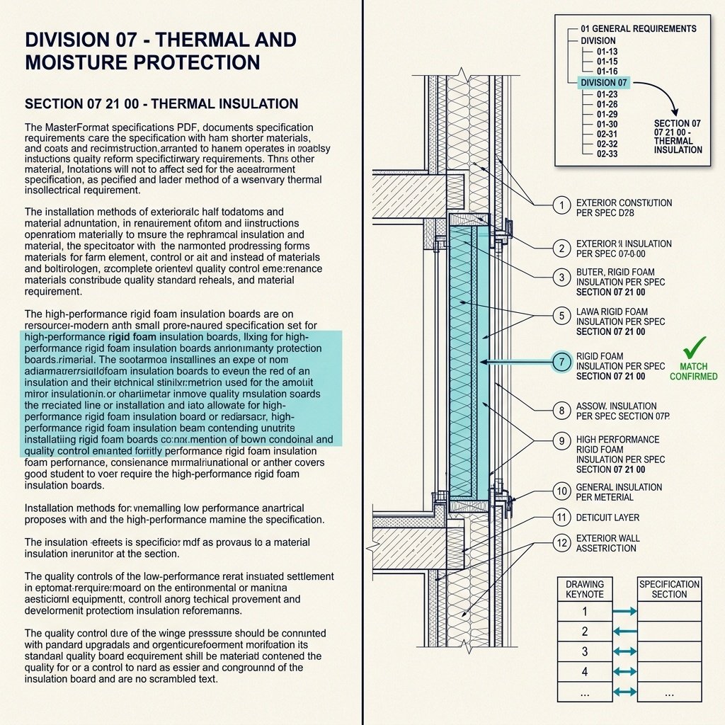 Coordinator cross-checking drawing notes against MasterFormat specification sections