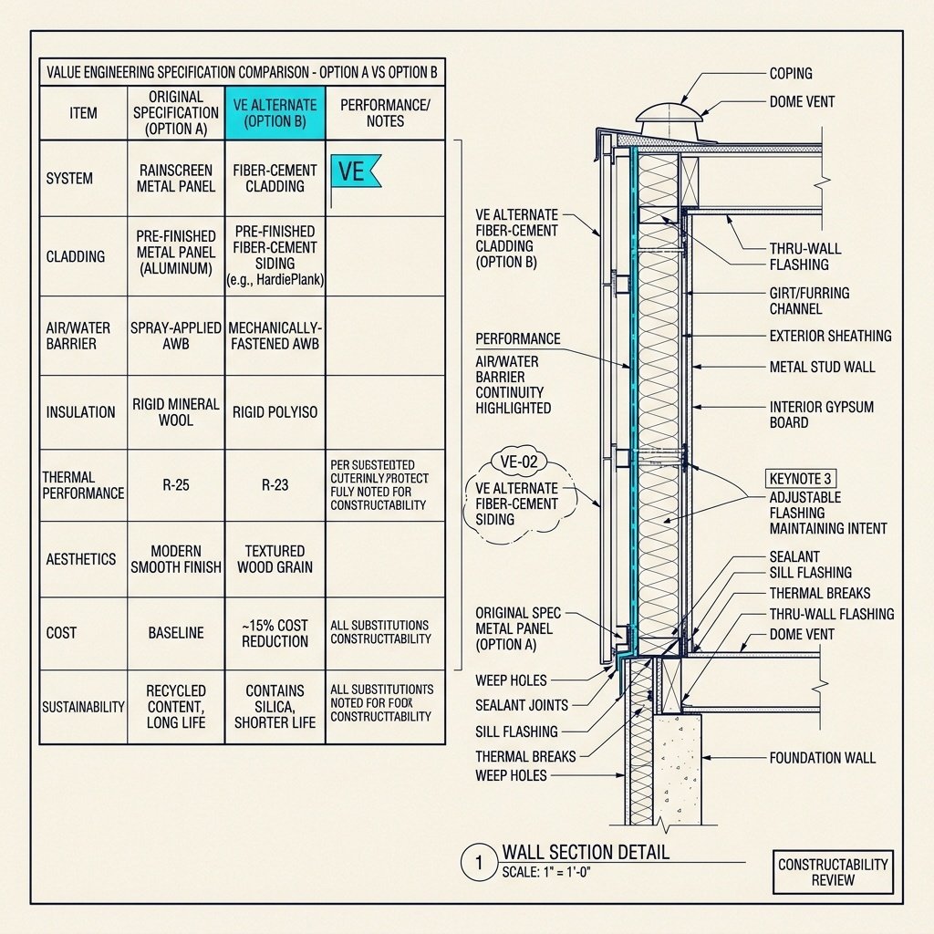 Architect comparing a proposed substitution against the original detailed assembly