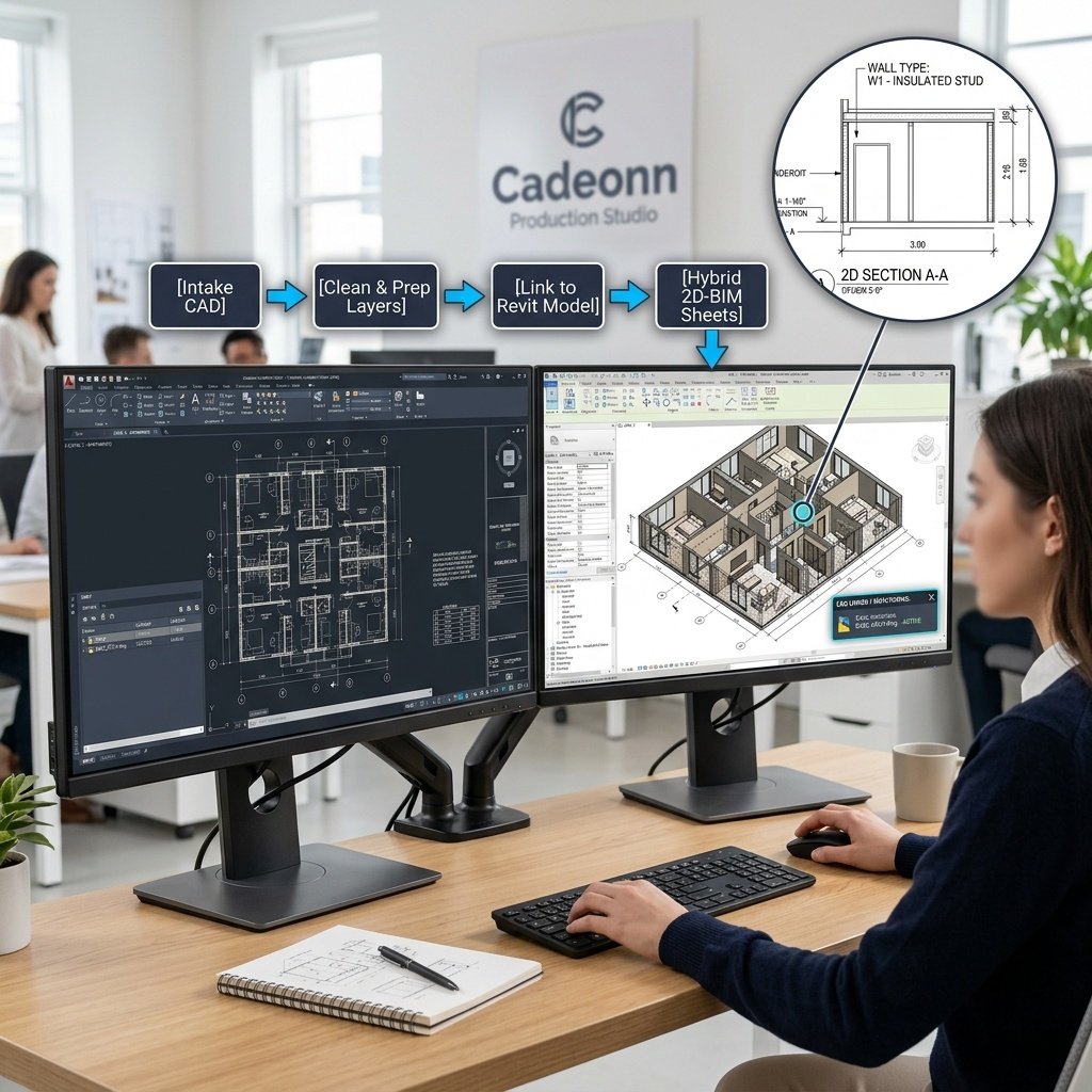 Hybrid drawing set showing a BIM-generated plan alongside hand-detailed 2D sections