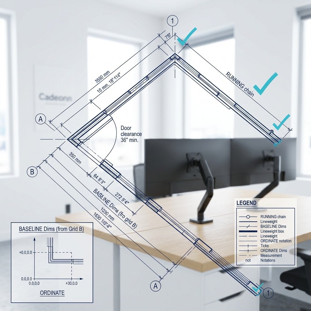 Drafter checking baseline and running dimension chains on a plan at a desk
