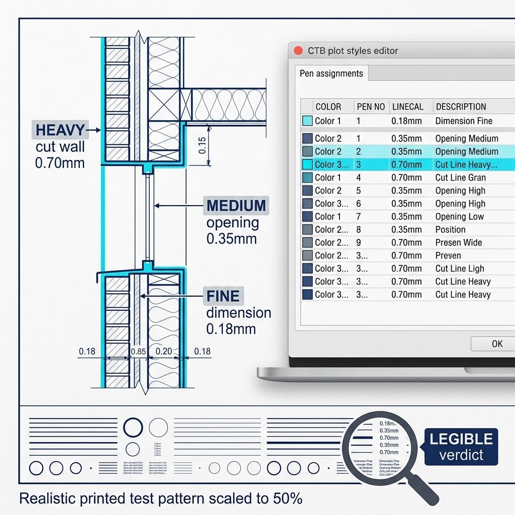 Comparison of heavy cut lines and fine reference lines on a printed construction detail