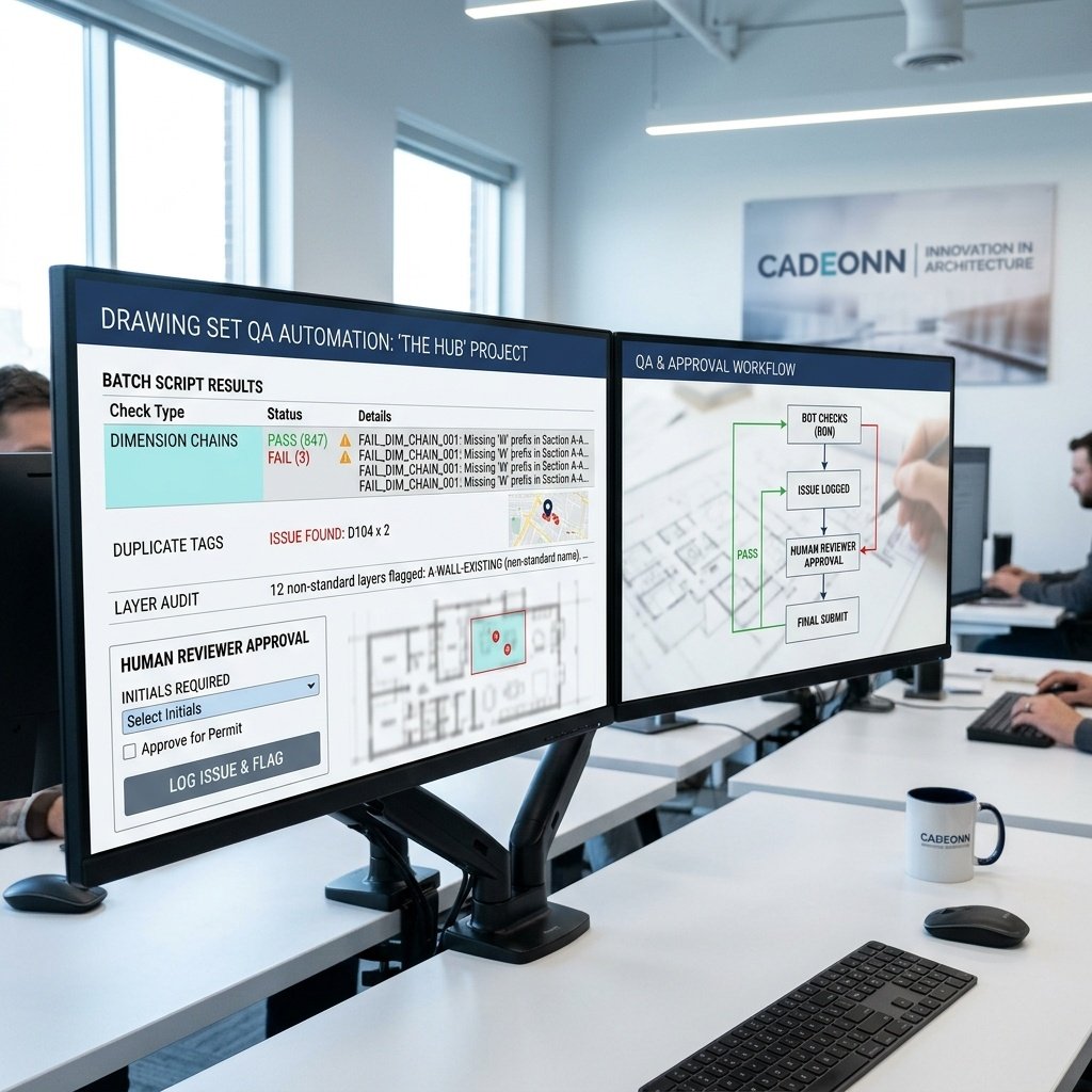 Studio drafters collaborating while automated checks run on a shared model