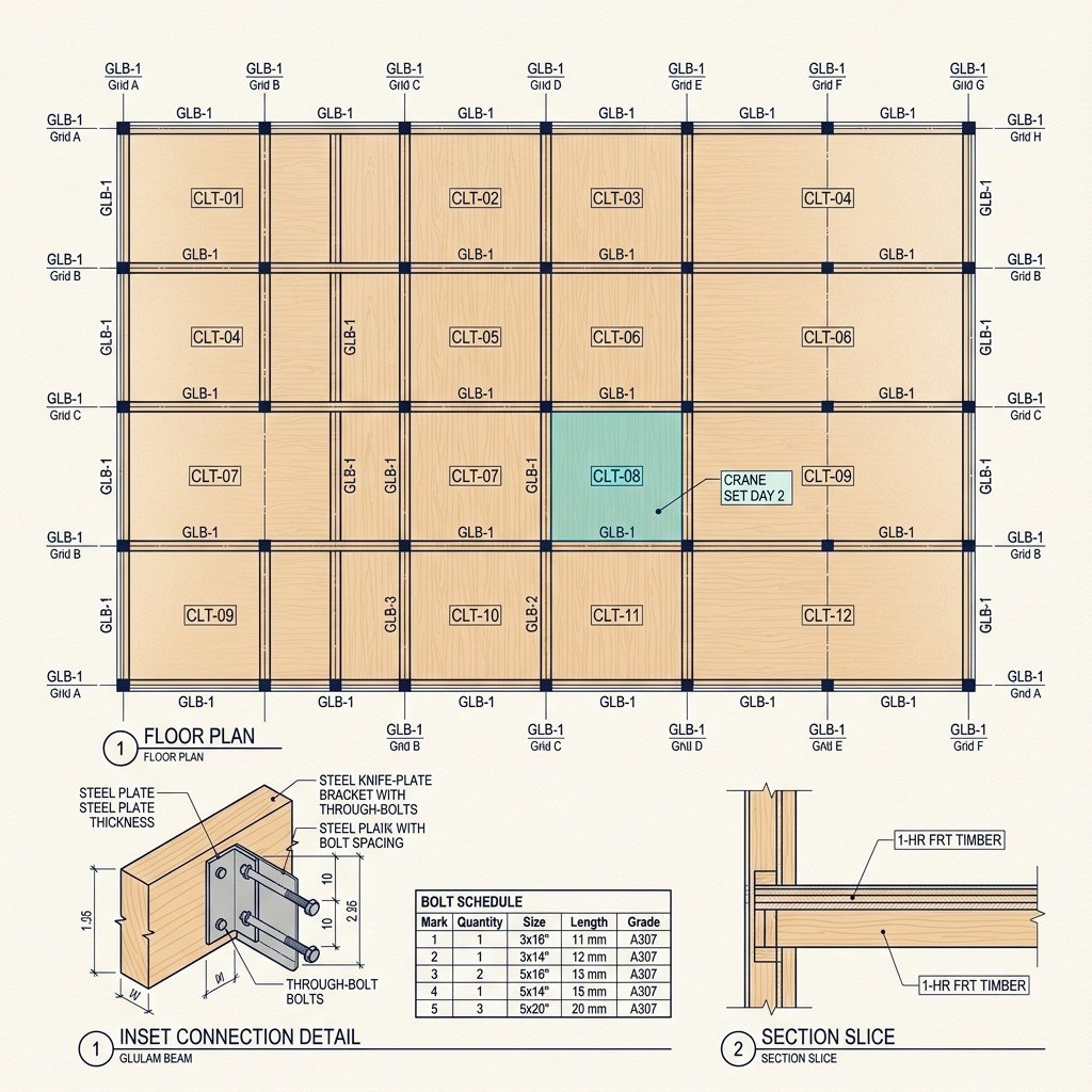 Exposed cross-laminated timber structure inside a mid-rise building under construction