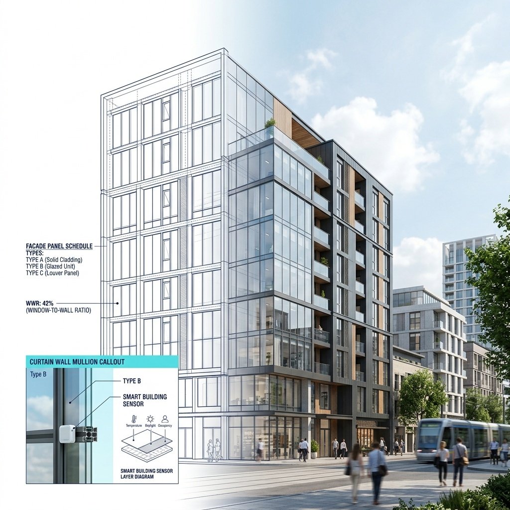 Contemporary mixed-use building with glass facade and green roof terraces
